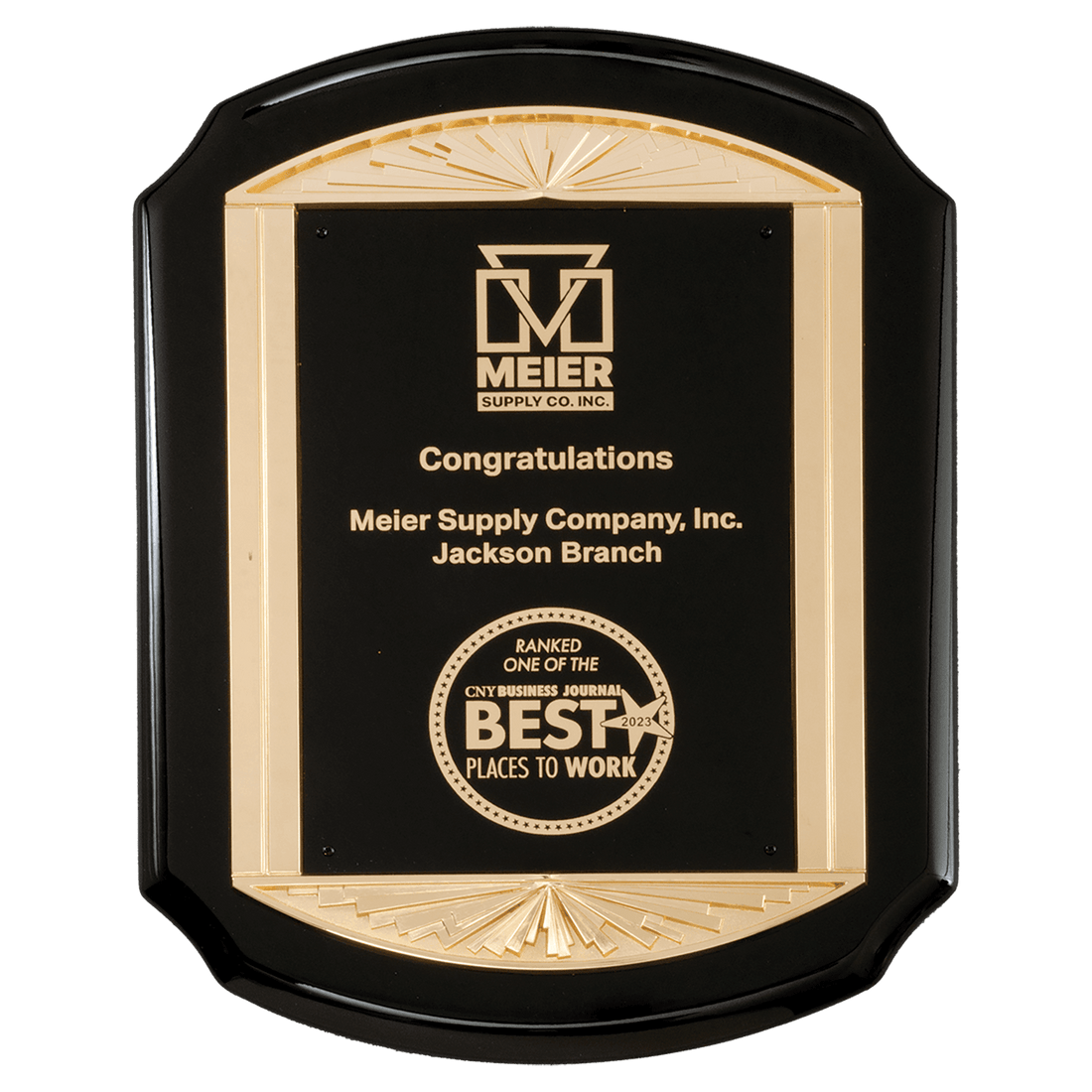 11" x 15" Black High Gloss Plaque with Metal Gold Sunburst Frame Casting and Black LaserFX Plate