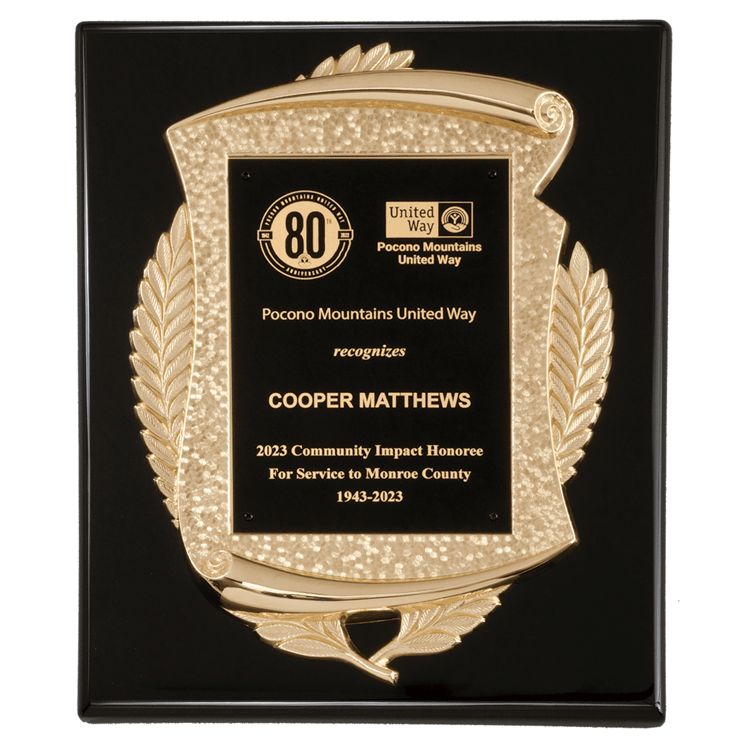 10 1/2" x 13" Black High Gloss Plaque with Metal Gold Scroll Frame Casting with Black LaserFX Plate