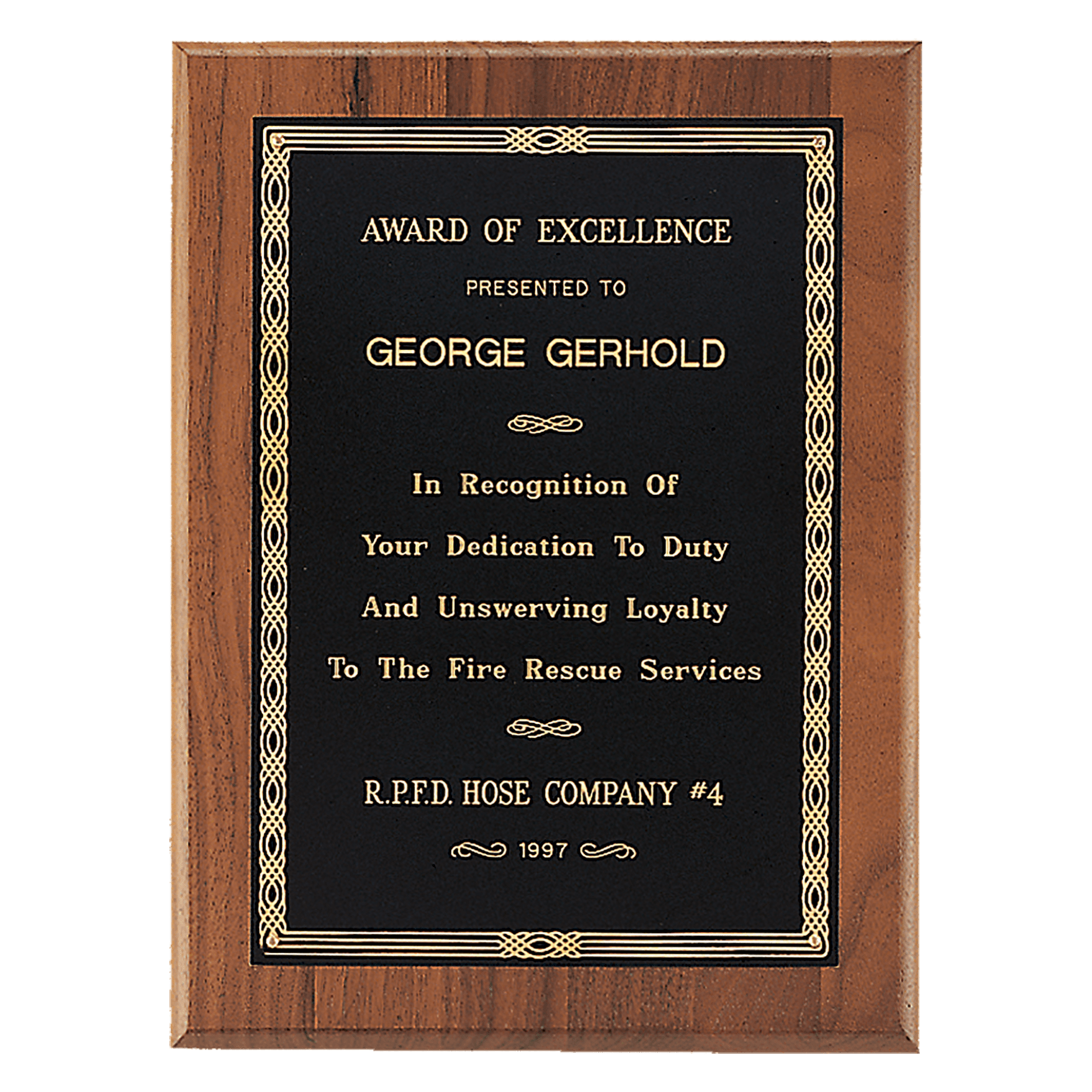 4 1/2" x 6" Jewelers Black Laserable Gold Border Plate on an American Walnut Plaque- Sheffield Series