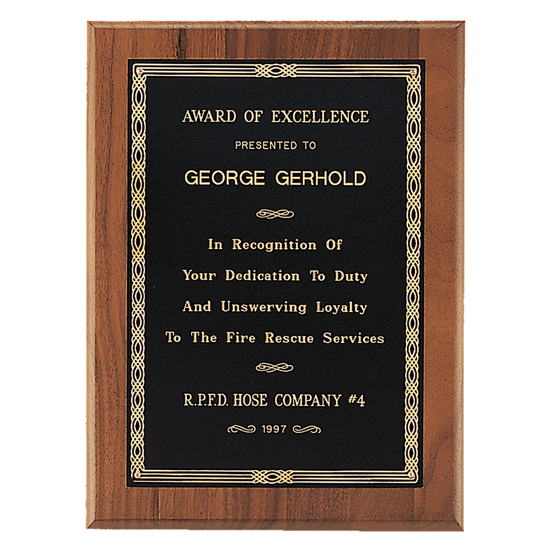 5" x 7" Jewelers Black Laserable Gold Border Plate on an American Walnut Plaque- Sheffield Series