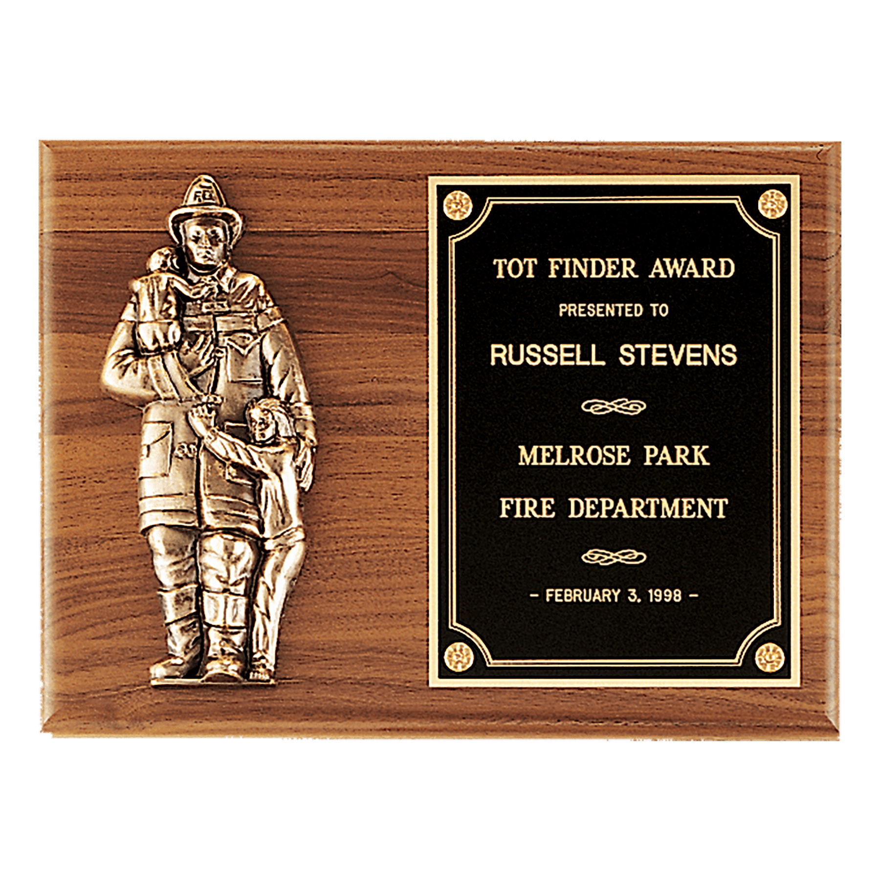 Walnut Plaque with Firefighter Relief and Black Brass 9" x 12" American Plate