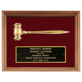 Gold Electroplated Gavel in a Walnut Frame with Maroon Velour Background and Black Laserable Brass 10
