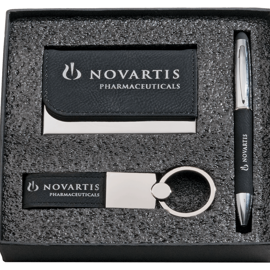Black Leather Gift Set/Pen, Keychain, Business Card Holder