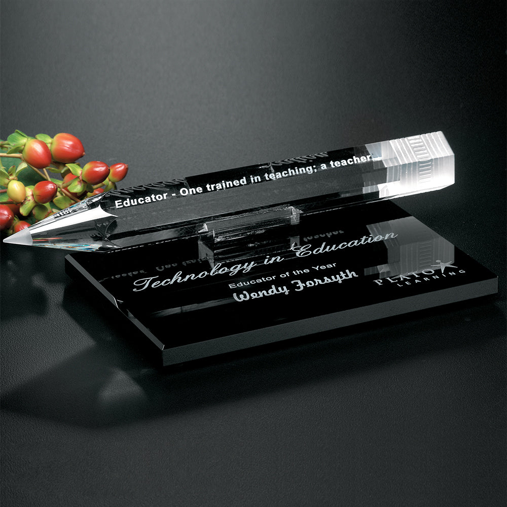 Pencil Award on Black Glass Base 8" W; sample personalization shown