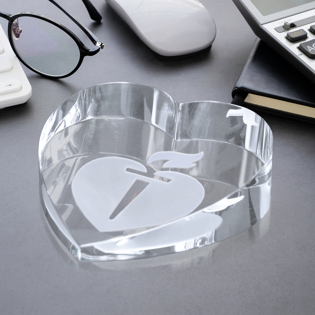 Slant Heart Paperweight 2-3/4" W; sample personalization shown