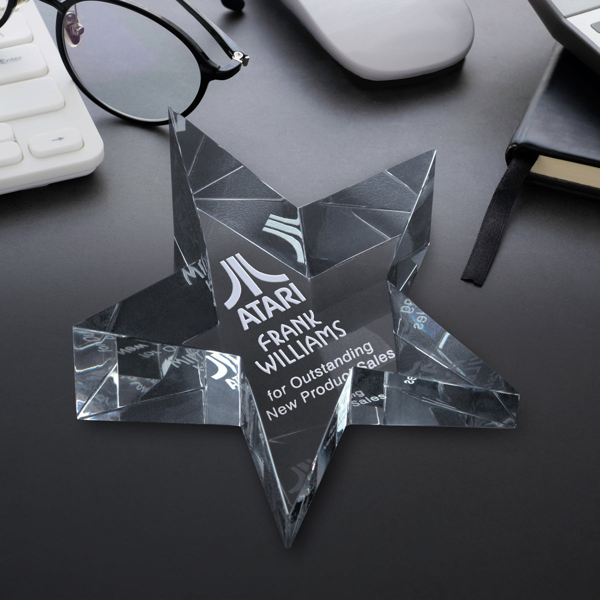 Slanted Star Paperweight 5" W; sample personalization shown