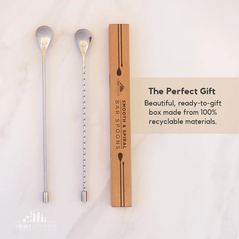 Stainless steel bar spoons with smooth handles in a gift box