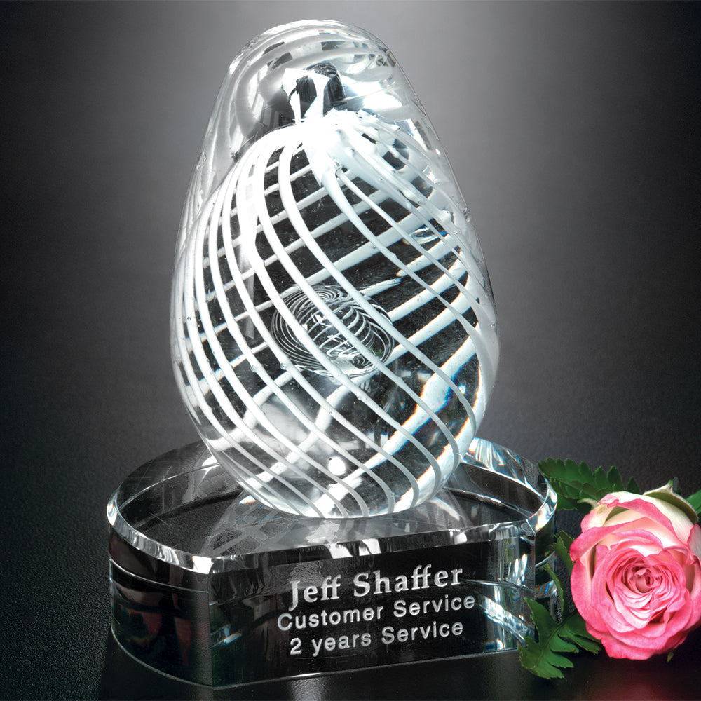 White Swirl on Clear Base 5"; sample personalization shown