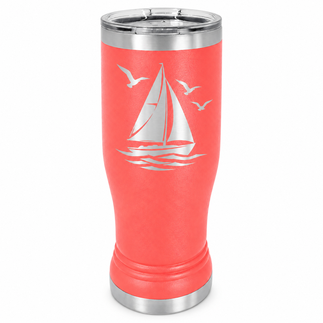 Coral 14 oz. Polar Camel Pilsner with Clear Lid — sample laser engraving