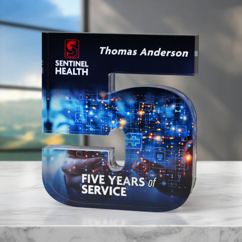Digit Award Five – 4" Acrylic Years of Service Award; sample personalization shown