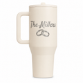 HydroJug 40 oz Cream – The Millers laser engraving sample based on offered Satisfy font; Anniversary with two interlocking rings