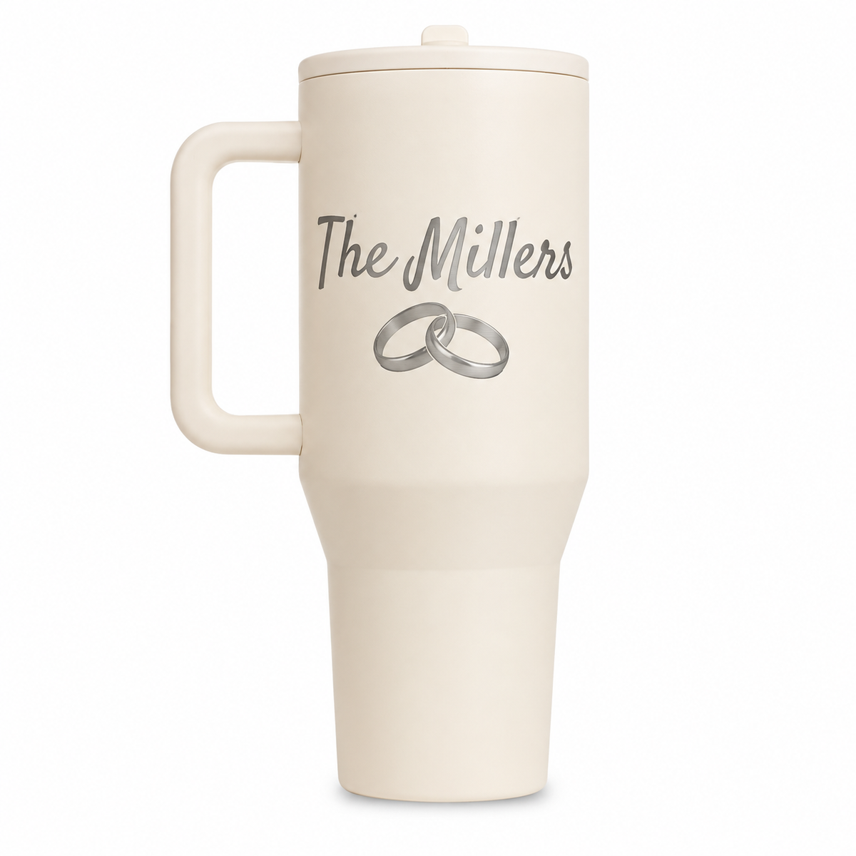 HydroJug 40 oz Cream – The Millers laser engraving sample based on offered Satisfy font; Anniversary with two interlocking rings