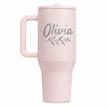 HydroJug 40 oz Pink Sand – Olivia laser engraving sample based on offered Satisfy font; Name with botanical sprig