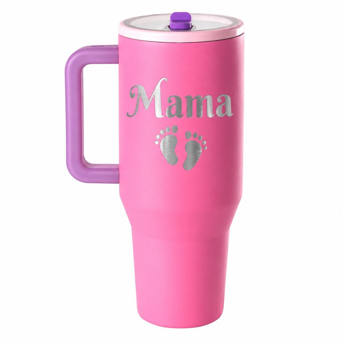 HydroJug 40 oz Pink Sugar – Mama laser engraving sample based on offered Berkshire Swash font; New baby gift with footprints
