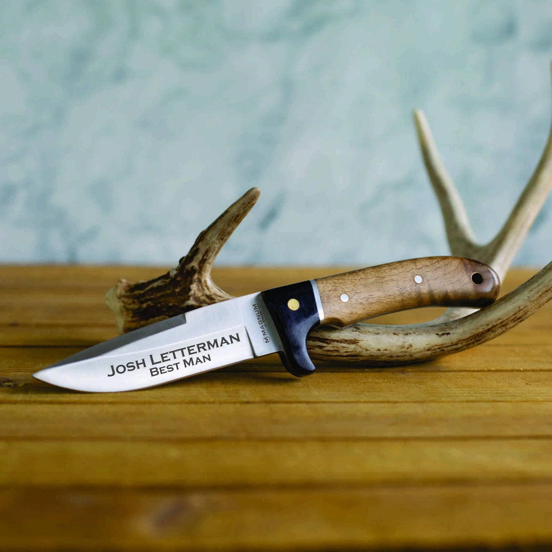 Personalized Boker Magnum Elk Hunter fixed blade knife with wood handle and leather sheath
