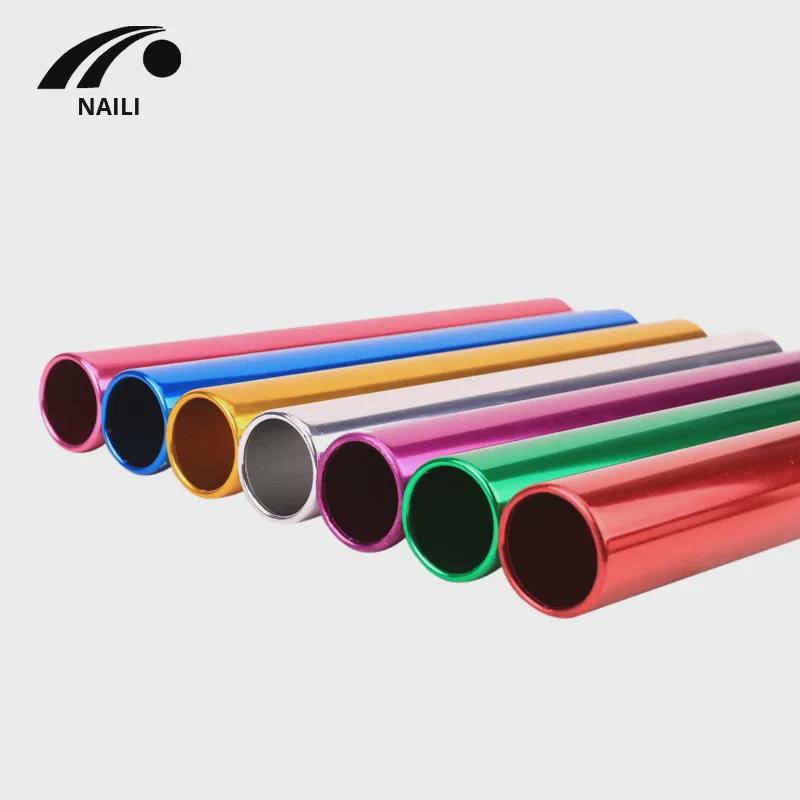 Supplier photo showing metallic relay baton colors and hollow aluminum construction