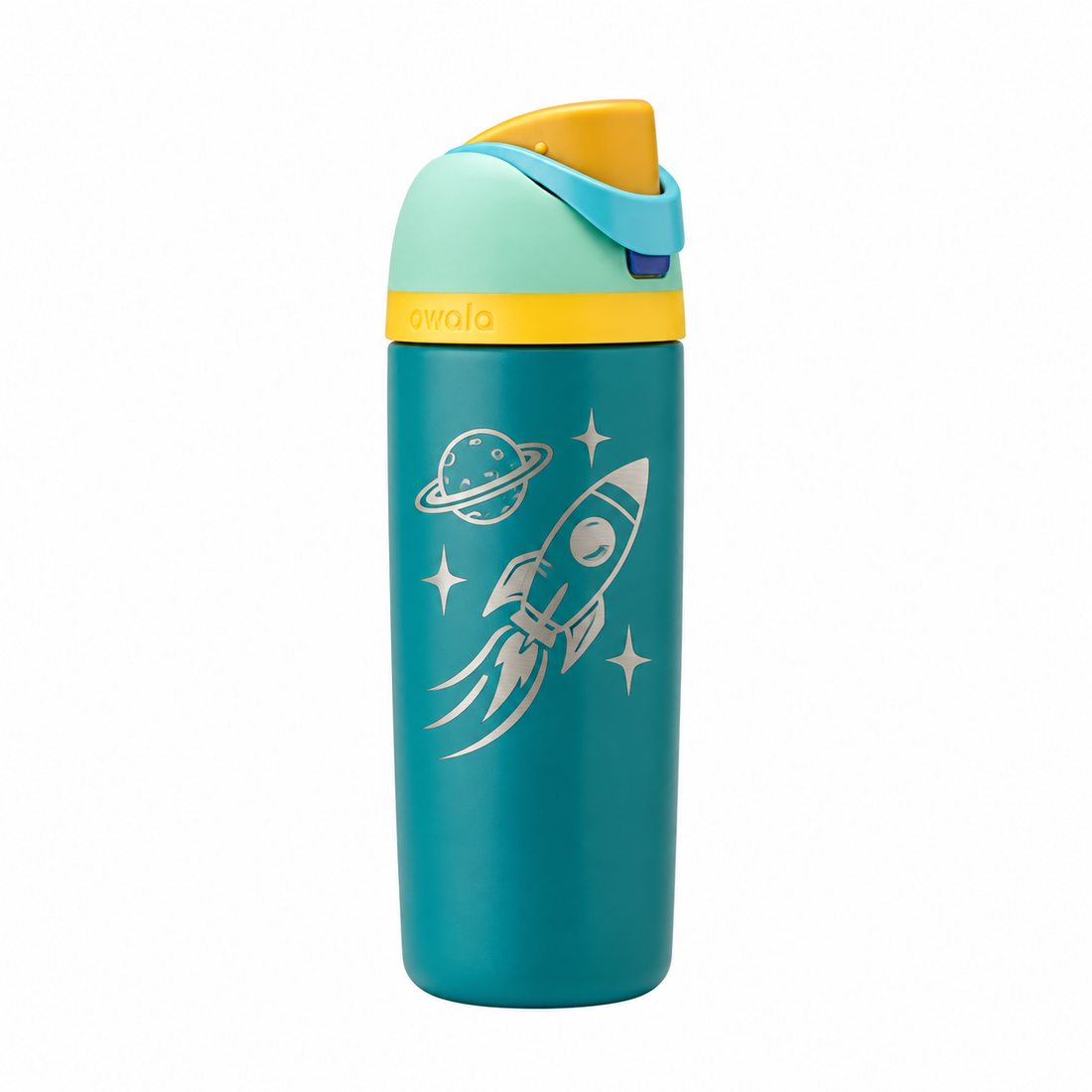 Owala 16 Splishy Splashy with sample laser engraving: fun kid-friendly space exploration line art, rocket with planet and three stars, no text