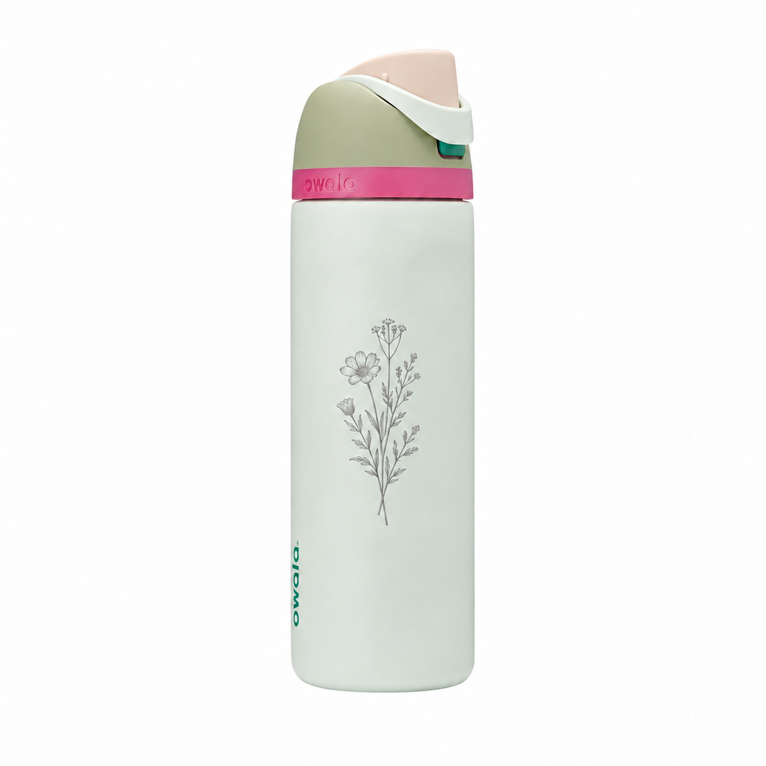 Example botanical engraving on Owala 24 oz Alpine Sport bottle. Actual personalization varies.