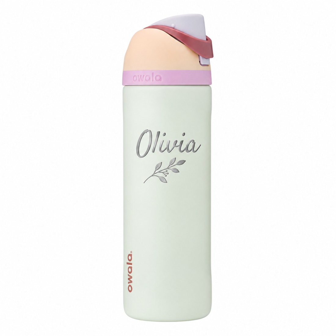 Owala 24 Coastal Mist with Olivia engraving sample in Satisfy font and botanical sprig