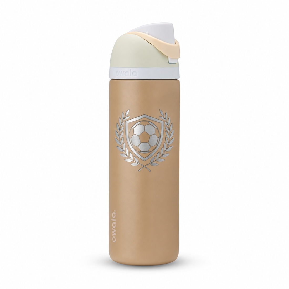 Owala 24 Muddy Buddy with sample laser engraving: original generic soccer team emblem: soccer ball inside a shield framed by laurel; no text
