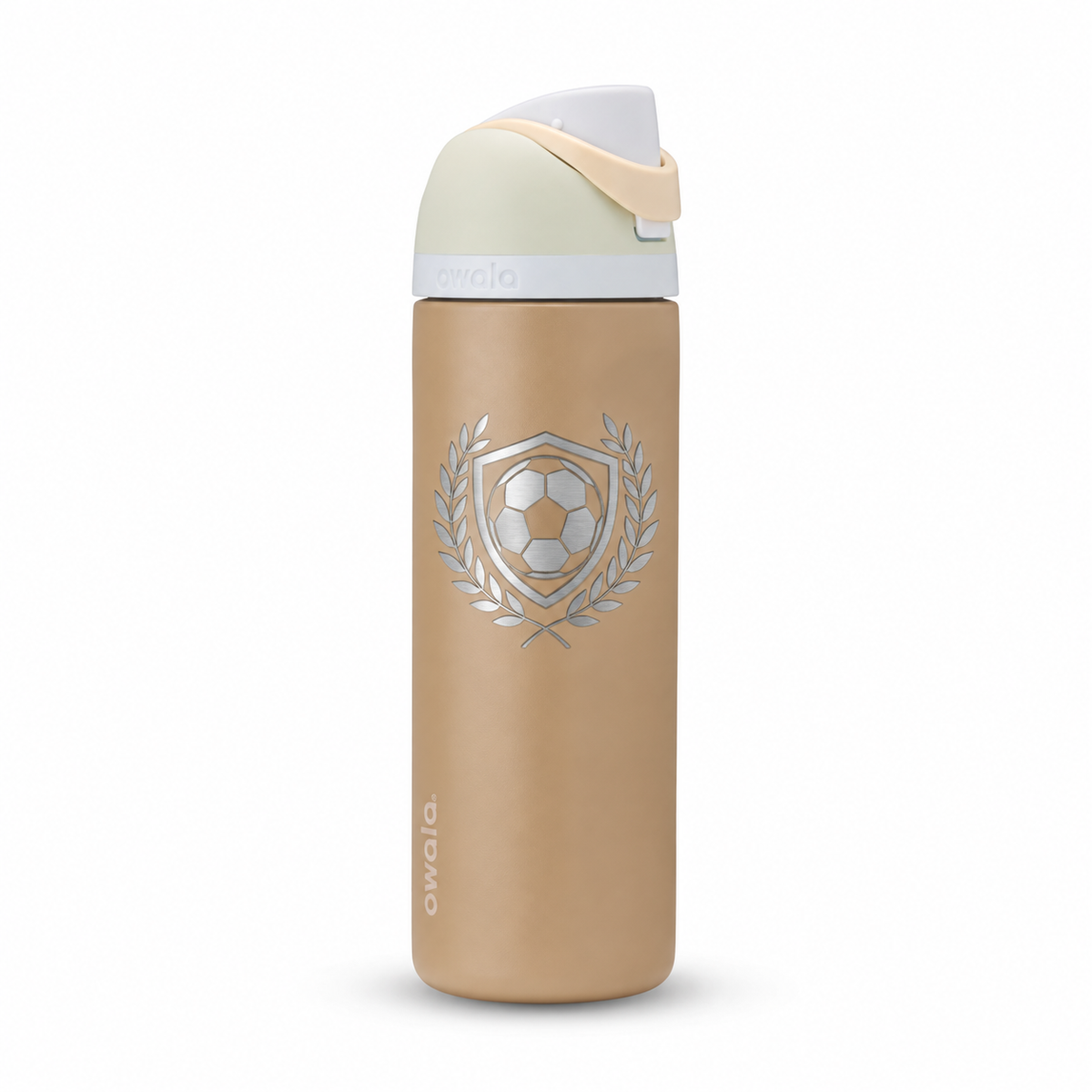 Owala 24 Muddy Buddy with sample laser engraving: original generic soccer team emblem: soccer ball inside a shield framed by laurel; no text