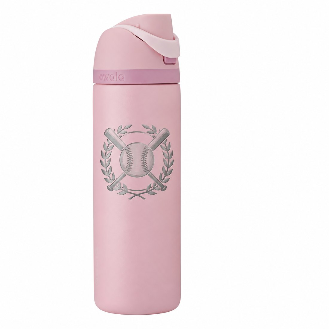 Owala 24 Rose Quartz with sample laser engraving: original generic baseball team emblem: baseball with crossed bats in a circular laurel, NO letters or numbers