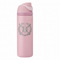 Owala 24 Rose Quartz with sample laser engraving: original generic baseball team emblem: baseball with crossed bats in a circular laurel, NO letters or numbers