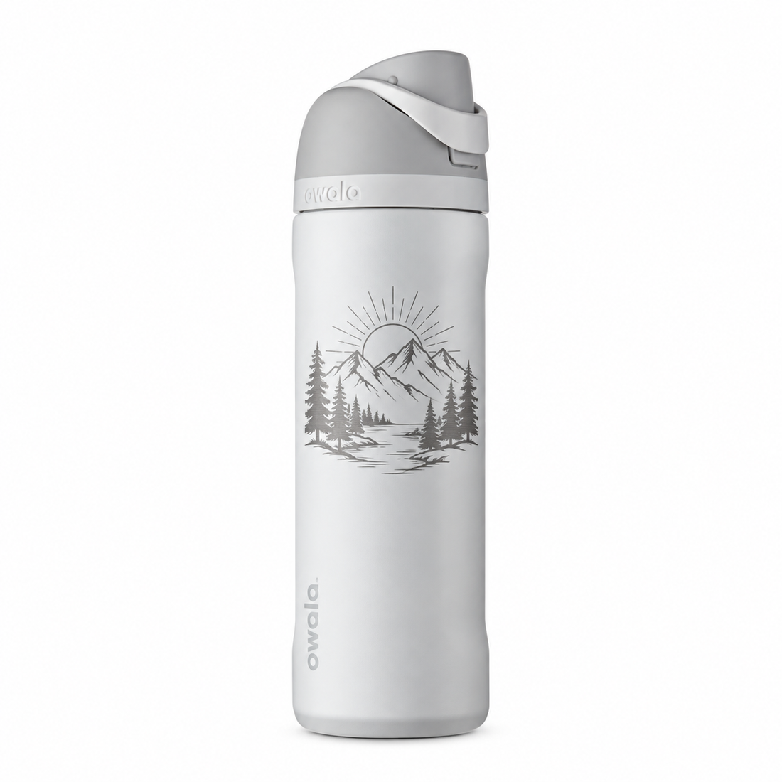 Owala 24 Shy Marshmallow with sample laser engraving: hiking and outdoor scene: minimalist mountain range, pine trees and a rising sun; no text