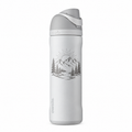 Owala 24 Shy Marshmallow with sample laser engraving: hiking and outdoor scene: minimalist mountain range, pine trees and a rising sun; no text