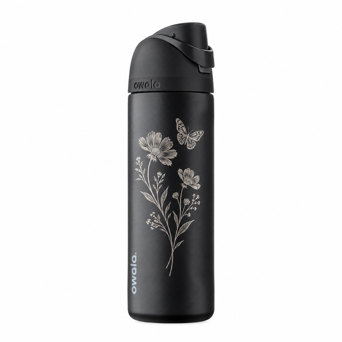 Owala 24 Very Very Dark with sample laser engraving: floral botanical design: two gracefully curved wildflower stems and one butterfly; no text