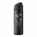 Owala 24 Very Very Dark with sample laser engraving: floral botanical design: two gracefully curved wildflower stems and one butterfly; no text