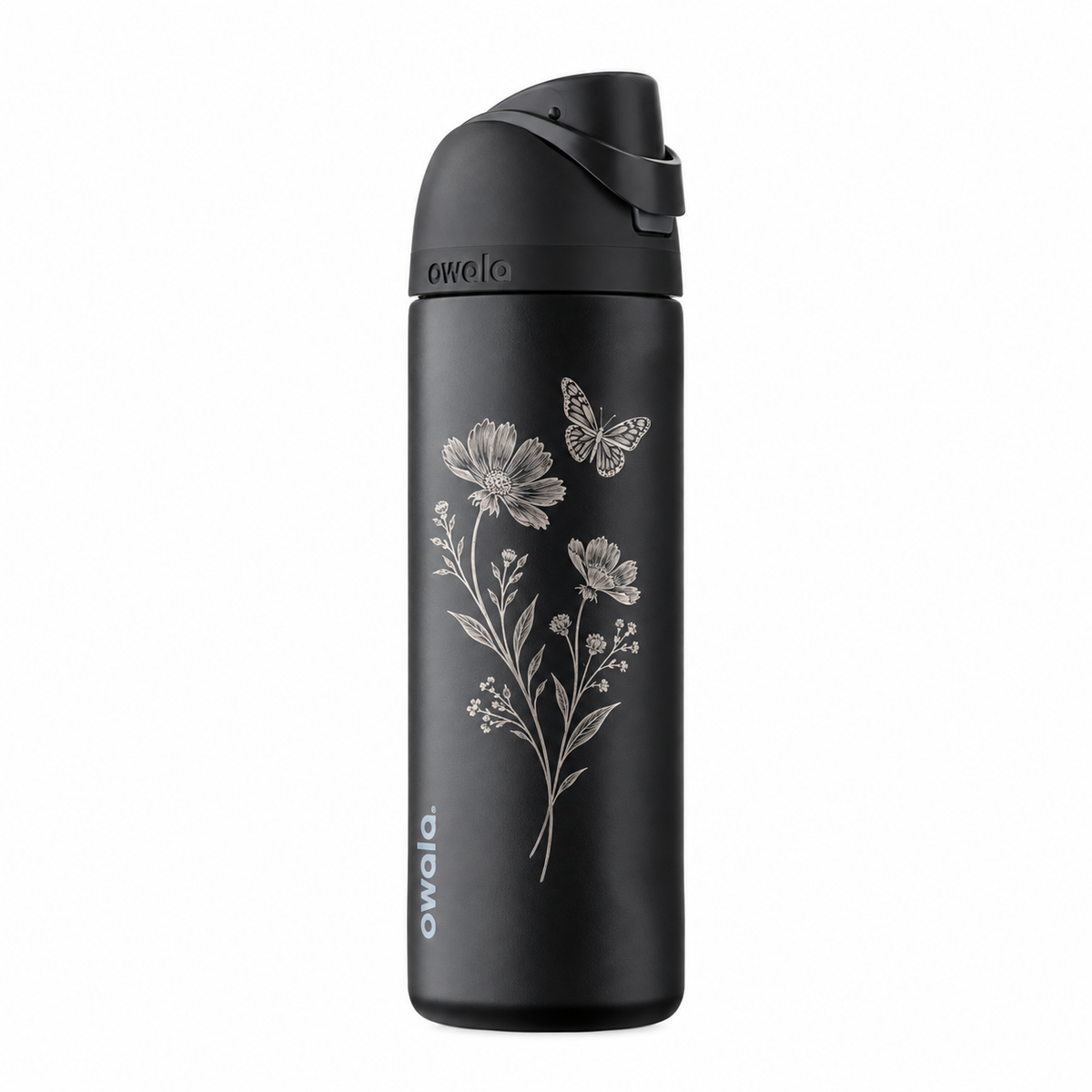 Owala 24 Very Very Dark with sample laser engraving: floral botanical design: two gracefully curved wildflower stems and one butterfly; no text