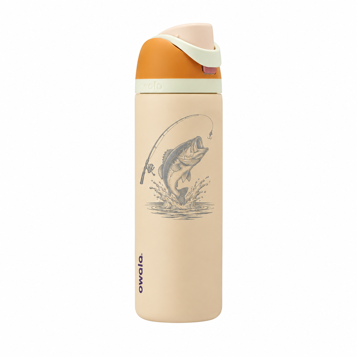 Owala 24 Water in the Desert with sample laser engraving: original generic fishing club emblem: bass fish leaping above water with fishing rod and small hook; no text