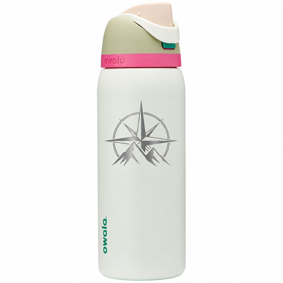 Owala 32 Alpine Sport with sample laser engraving: original generic corporate emblem: compass rose with two mountain peaks; no text
