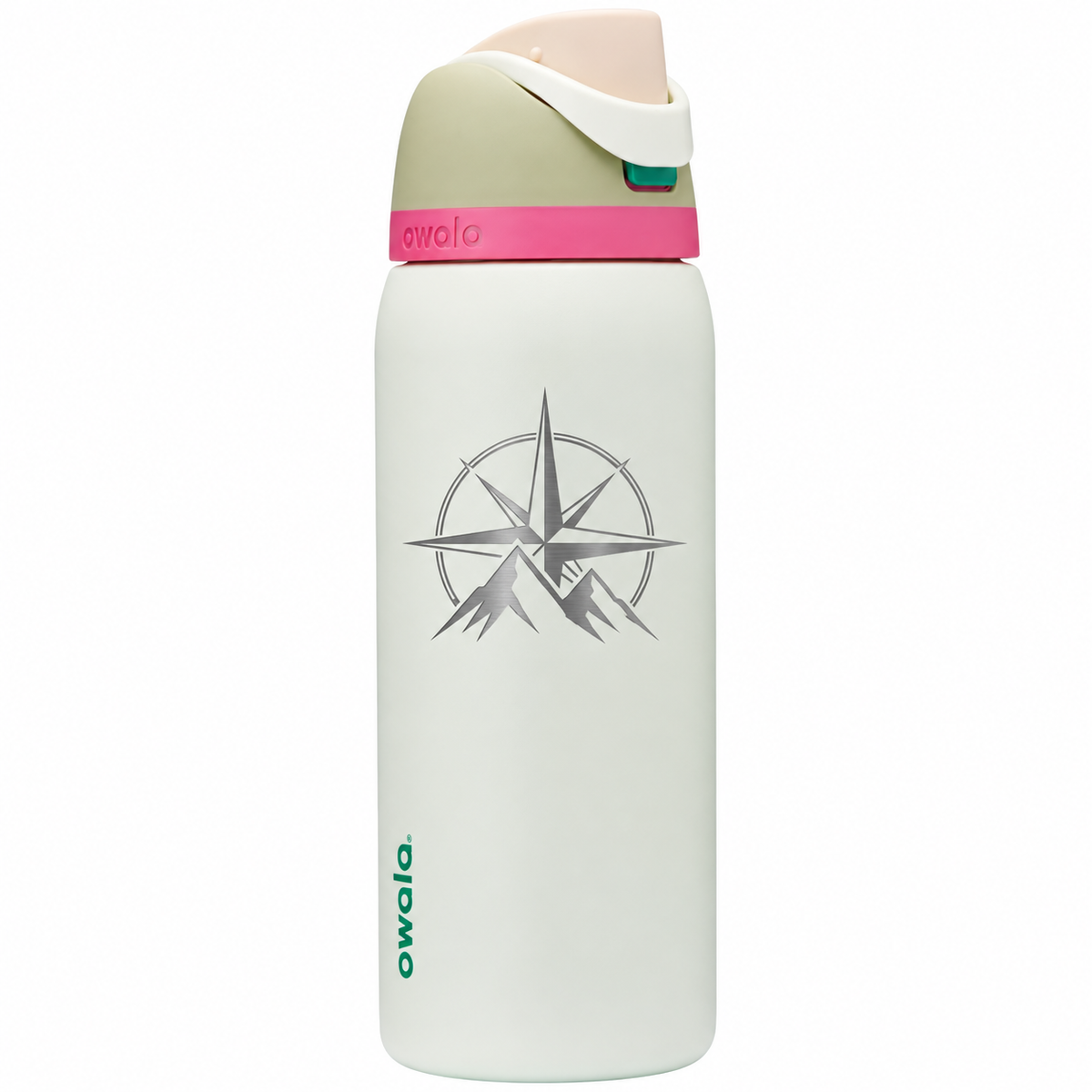 Owala 32 Alpine Sport with sample laser engraving: original generic corporate emblem: compass rose with two mountain peaks; no text