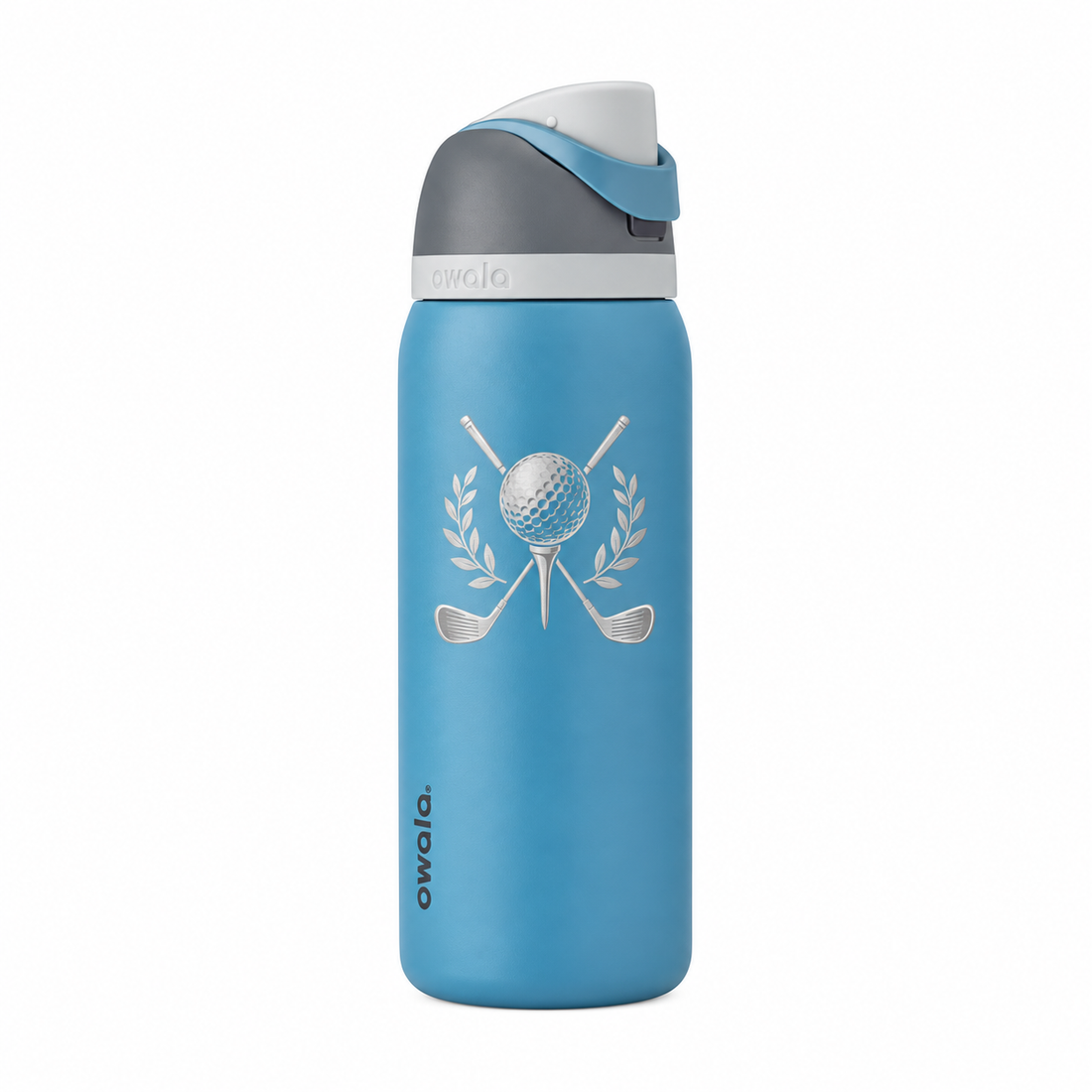 Owala 32 Blue Oasis with sample laser engraving: golf gift graphic: crossed golf clubs, golf ball on a tee, small laurel; no text
