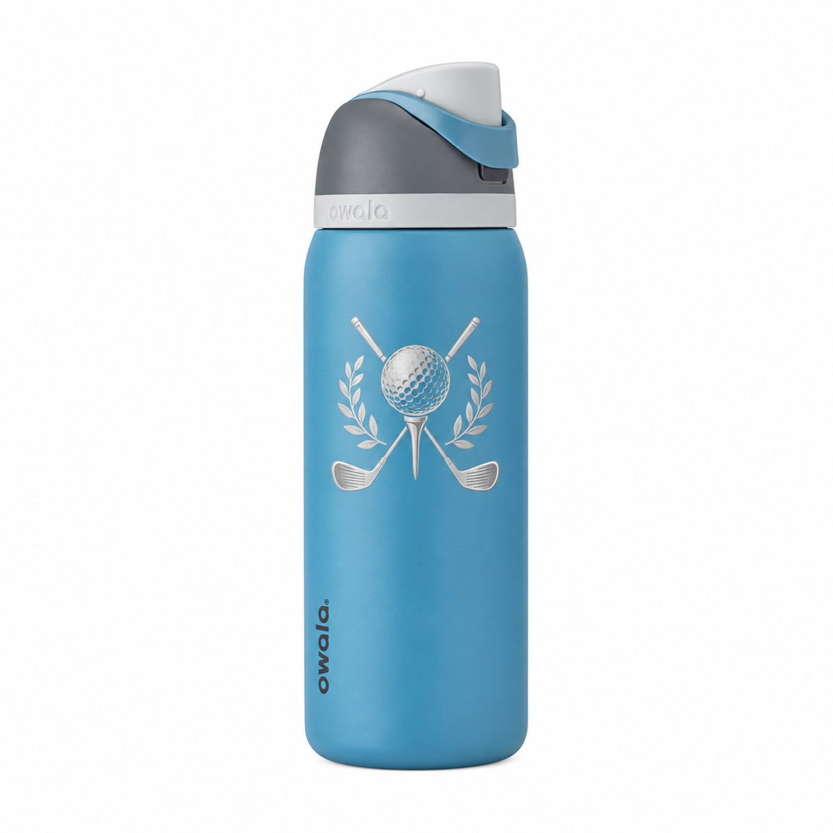 Owala 32 Blue Oasis with sample laser engraving: golf gift graphic: crossed golf clubs, golf ball on a tee, small laurel; no text