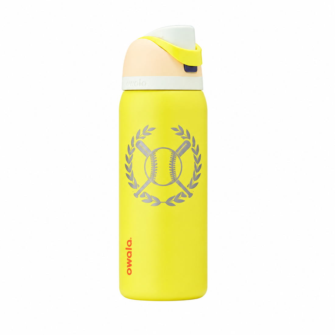 Owala 32 Lemon Limeade with sample laser engraving: original generic baseball team emblem: baseball with crossed bats in a circular laurel, NO letters or numbers