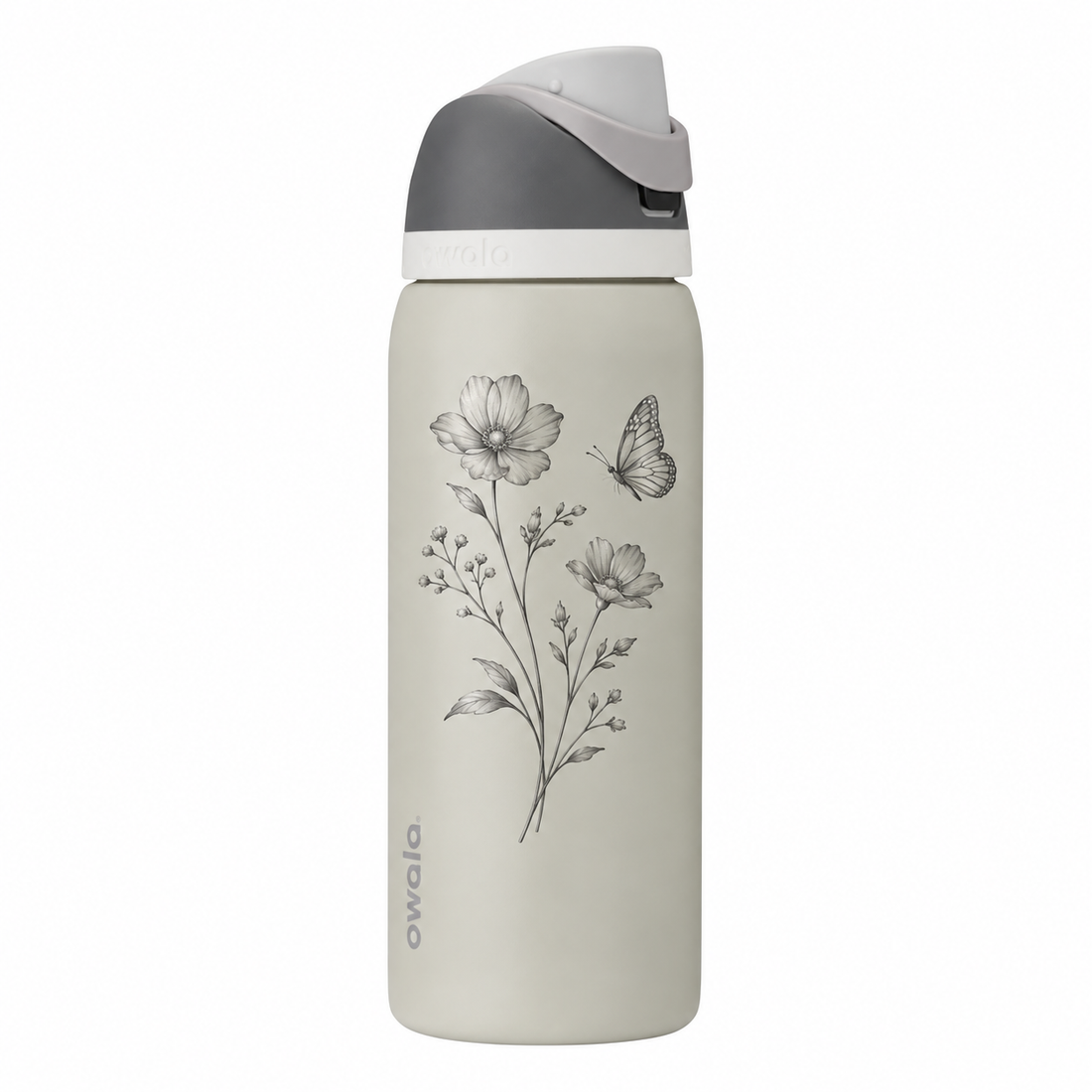 Owala 32 Rock On with sample laser engraving: floral botanical design: two gracefully curved wildflower stems and one butterfly; no text
