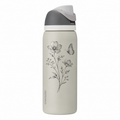 Owala 32 Rock On with sample laser engraving: floral botanical design: two gracefully curved wildflower stems and one butterfly; no text