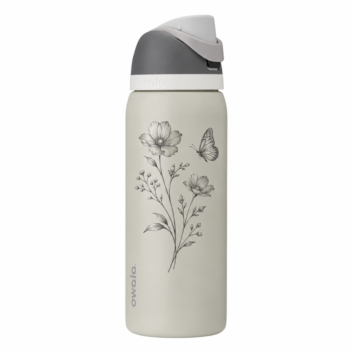 Owala 32 Rock On with sample laser engraving: floral botanical design: two gracefully curved wildflower stems and one butterfly; no text