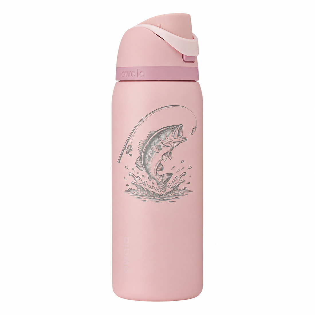 Owala 32 Rose Quartz with sample laser engraving: original generic fishing club emblem: bass fish leaping above water with fishing rod and small hook; no text