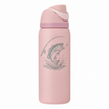 Owala 32 Rose Quartz with sample laser engraving: original generic fishing club emblem: bass fish leaping above water with fishing rod and small hook; no text