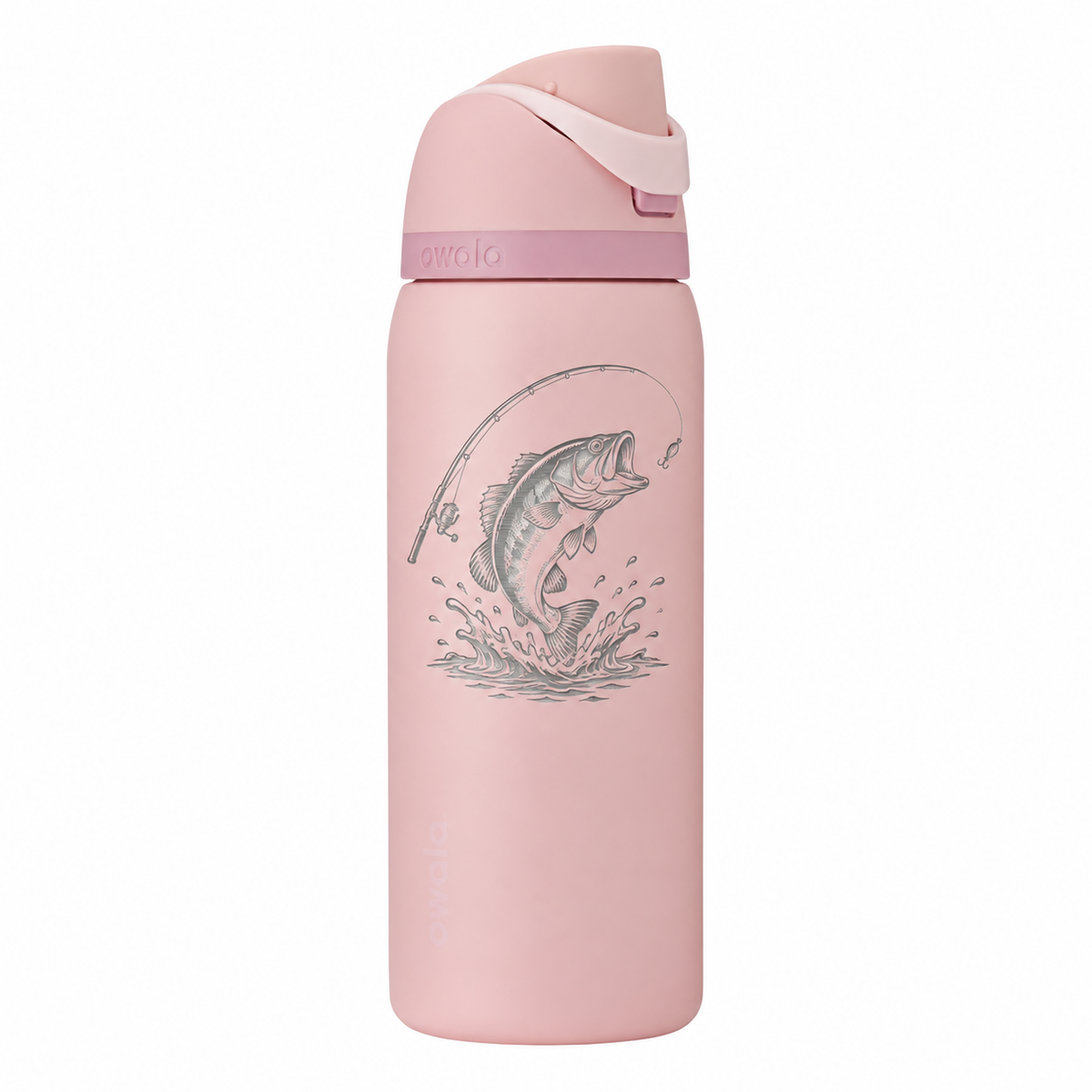 Owala 32 Rose Quartz with sample laser engraving: original generic fishing club emblem: bass fish leaping above water with fishing rod and small hook; no text