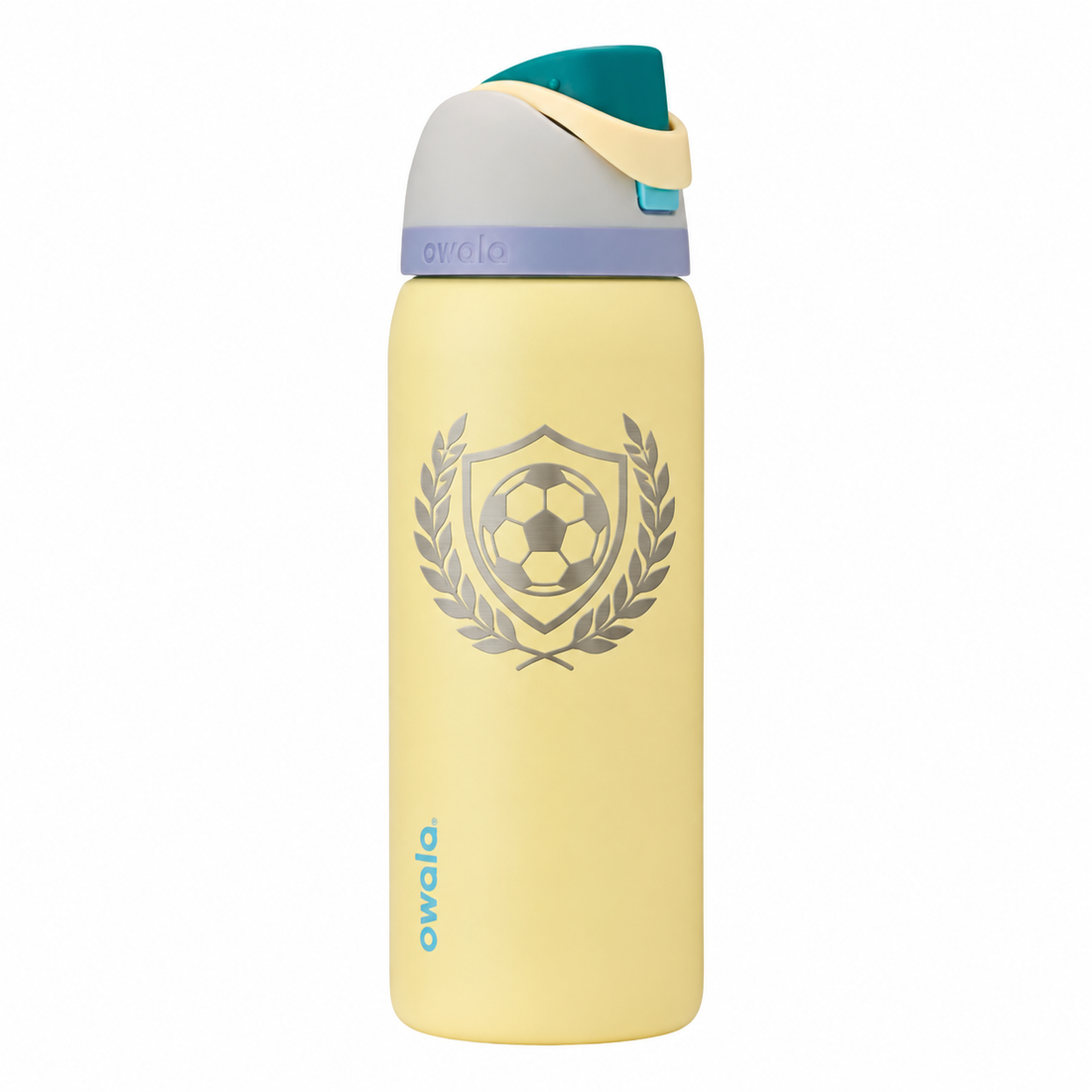 Owala 32 Sunny Daze with sample laser engraving: original generic soccer team emblem: soccer ball inside a shield framed by laurel; no text