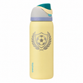 Owala 32 Sunny Daze with sample laser engraving: original generic soccer team emblem: soccer ball inside a shield framed by laurel; no text