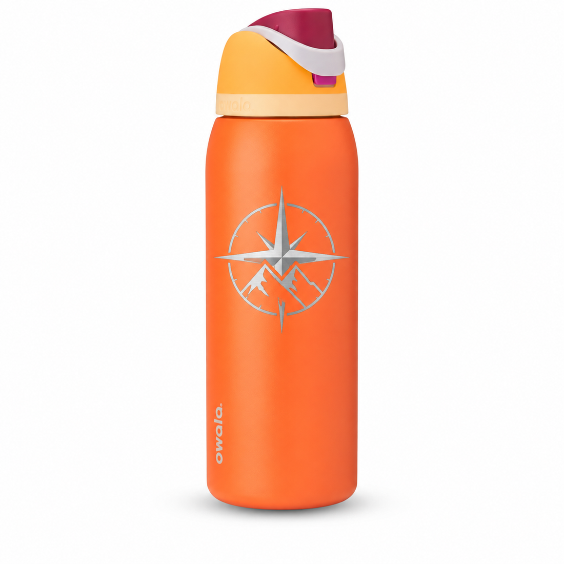 Owala 40 FS Citrus Crush with sample laser engraving: original generic corporate emblem: compass rose with two mountain peaks; no text