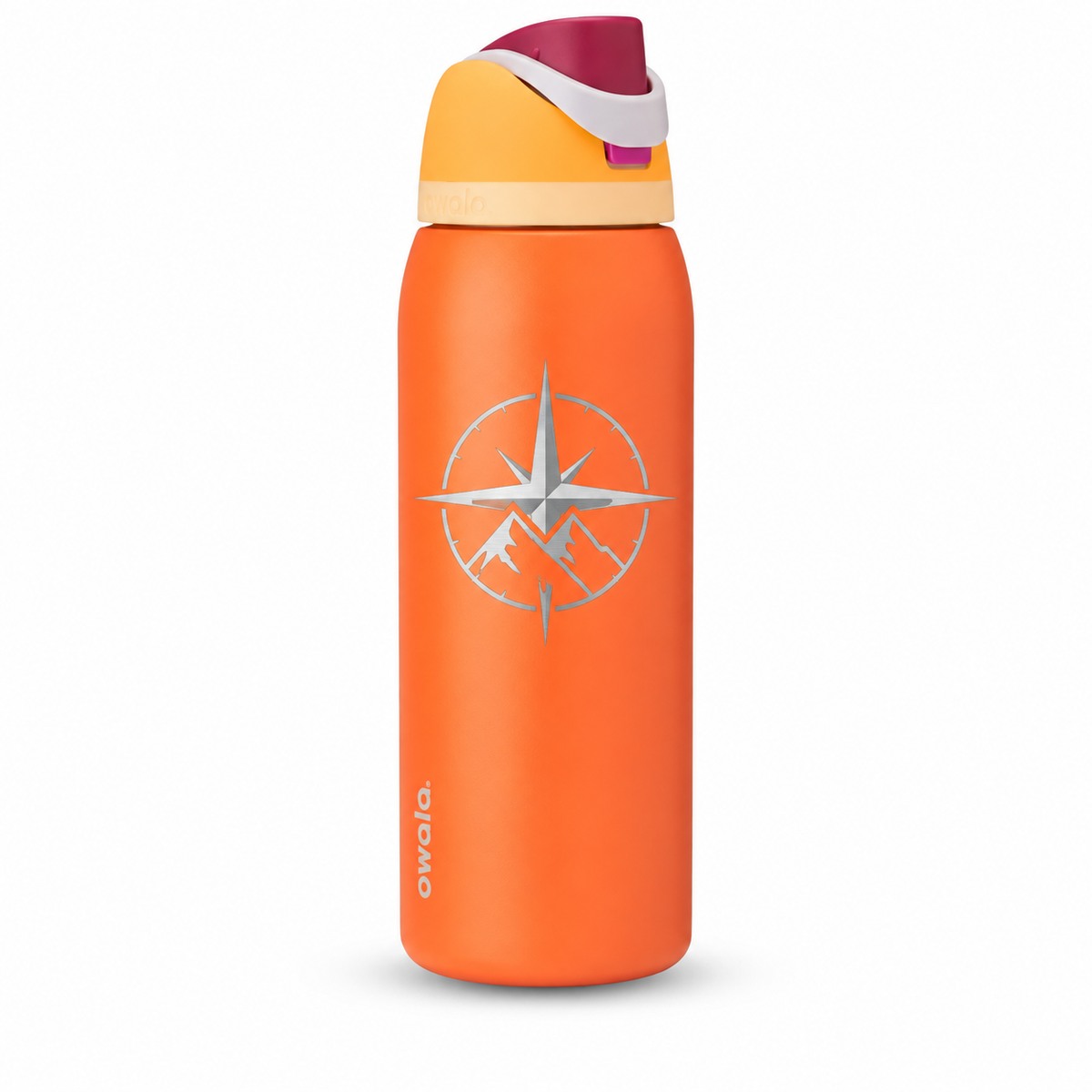 Owala 40 FS Citrus Crush with sample laser engraving: original generic corporate emblem: compass rose with two mountain peaks; no text