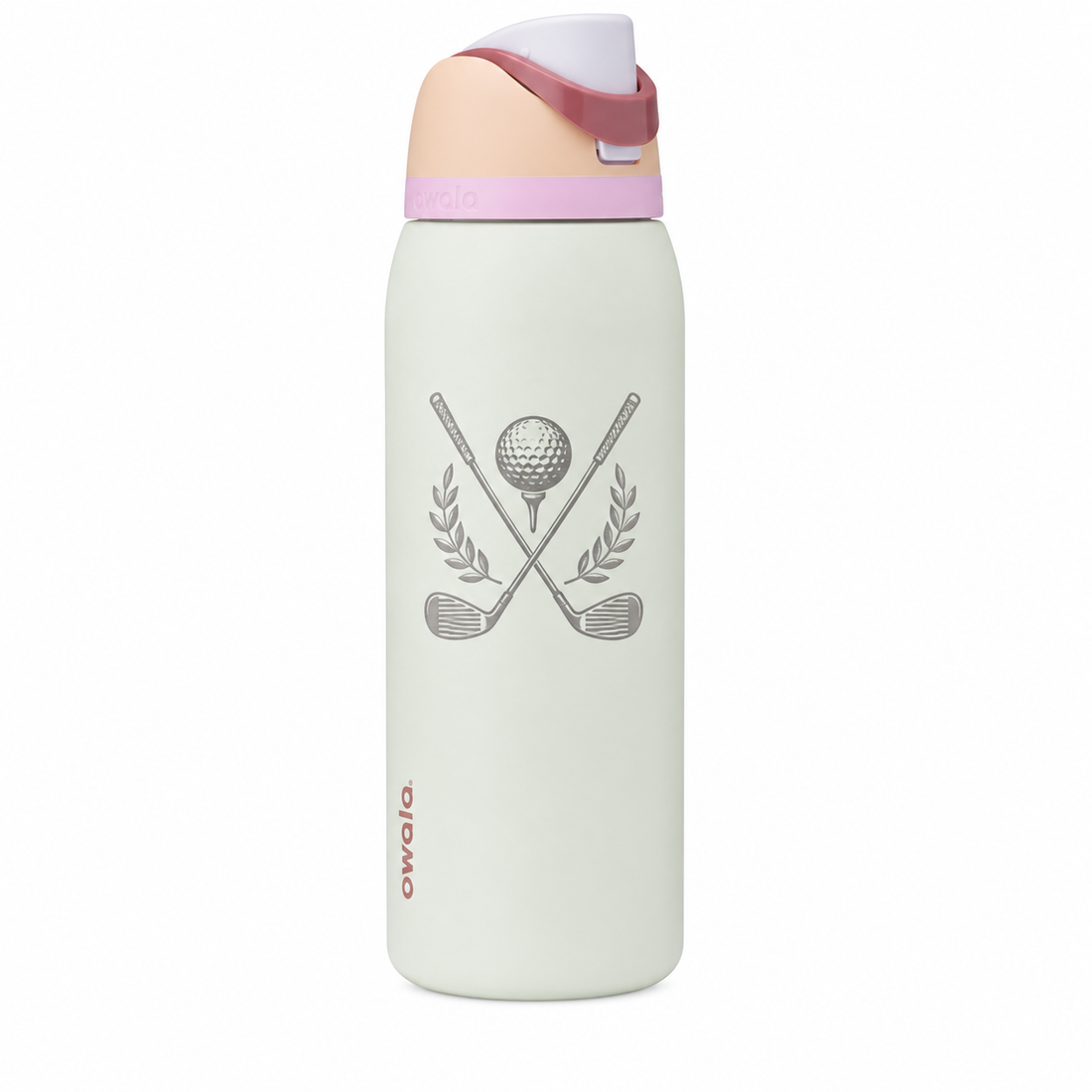 Owala 40 FS Coastal Mist with sample laser engraving: golf gift graphic: crossed golf clubs, golf ball on a tee, small laurel; no text