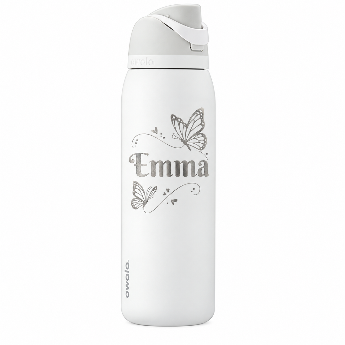 Owala 40 FS Shy Marshmallow – Emma laser engraving sample using Berkshire Swash; Name with butterfly line art